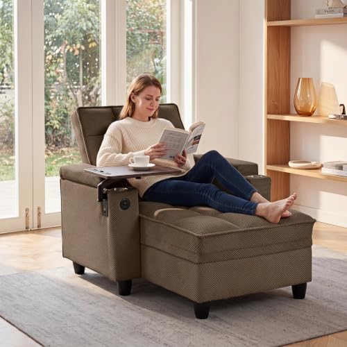 Convertible Sleeper Chair, Pull Out Sofa Bed with Adjustable Backrest & Hidden Storage Armrest, Single Sofa Recliner with USB Charging Port & Cup Holders for Living Room, Bedroom, Coffee - color: C-coffee-l2