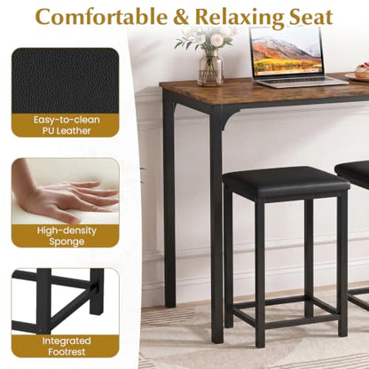 COSTWAY Dining Table Set, Counter Height Table, 2 Upholstered Stools | Rustic Brown & Black, PU Leather Seats, Metal Frame, Industrial, Space-Saving for Small Space, Dorm & Kitchen Island - color: Rustic Brown & Black