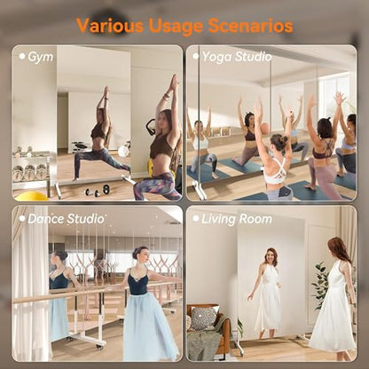 Hasipu 71" x 36" Full Length Floor Mirror on Wheels, White | Tempered glass, sturdy metal frame, smooth rolling casters, removable stand, ideal for gym, bedroom, dance studio - size: 71"L x 36"W