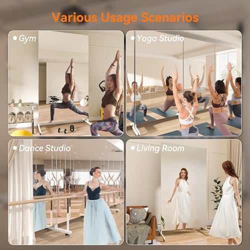 Hasipu 74.8" x 27.5" Full Length Floor Mirror on Wheels, White | Tempered glass, sturdy metal frame, smooth rolling casters, removable stand, ideal for gym, bedroom, dance studio & yoga. - size: 74.8"L x 27.8"W