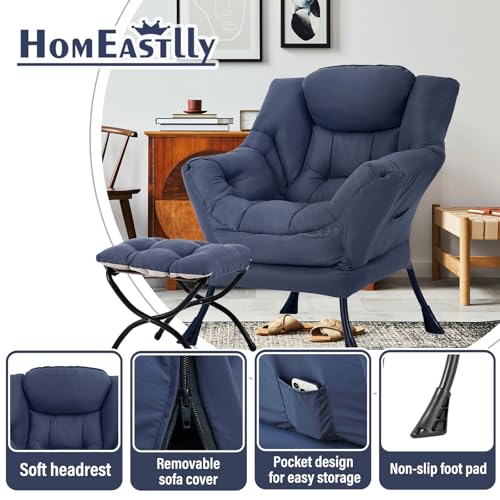 Lazy Chair with Ottoman, Soft Comfy Chair for Bedroom, Navy | Reading Accent Lounge Chair with folding Foot Stool for Living Room Dorm Apartment, sturdy metal frame - color: Navy