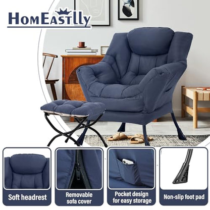 Lazy Chair with Ottoman, Soft Comfy Chair for Bedroom, Navy | Reading Accent Lounge Chair with folding Foot Stool for Living Room Dorm Apartment, sturdy metal frame - color: Navy