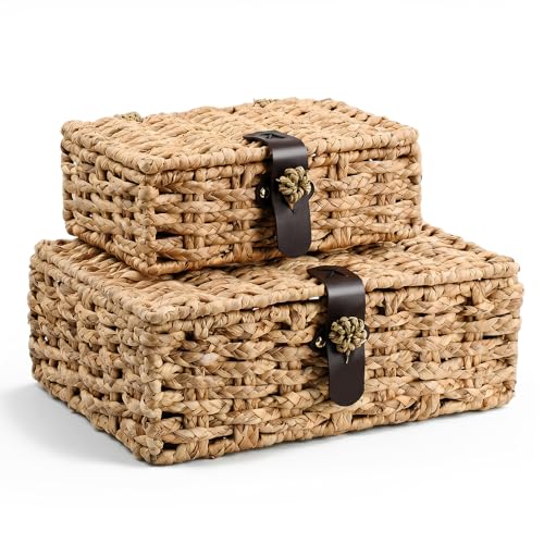 Water Hyacinth Wicker Storage Baskets with Magnetic Lids, Set of 2 | 2-Piece handwoven water hyacinth boxes with magnetic lids and metal frames for shelves, coffee tables, and consoles