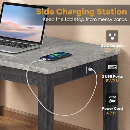 COSTWAY 3-Piece Wooden Bar Table Set with Charging Station | Modern Counter Height Table, Faux Marble Top, 2 Padded Stools, Console Table Set for Living Room, Kitchen, Dining Room, Gray - color: Grey