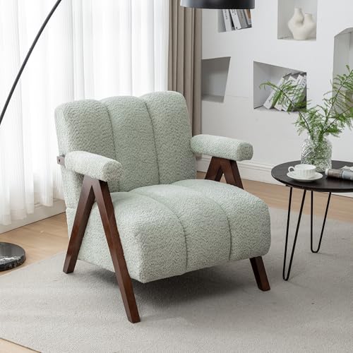 Mid Century Modern Accent Chair with Solid Wood Frame, Boucle Upholstered Living Room Chairs with Thick Cushion, Comfy Tufted Arm Chair for Bedroom, Sage - color: Sage, size: 1-seater