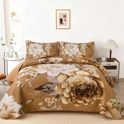 WONGS BEDDING Fall Floral Quilt Set Brown Queen,Quilted Printed Lightweight Bedspread Bedding Set for All Season,3 Pieces Reversible Botanical Plant Coverlet Set with 2 Pillow Shams - color: Brown, size: Queen 90"×96"