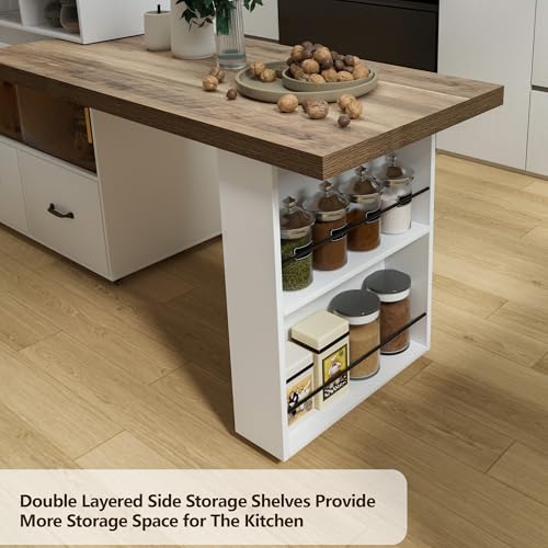 Kitchen Island Storage & Seating, Wheeled & Extendable Table for Kitchen | 360° Swivel Countertop,Built-in Power Outlet,Lockable Casters,Glass Door Storage,Farmhouse Two-tone Finish,White Oak,Drawers
