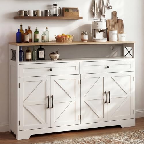 Lahomie Sideboard Buffet Cabinet with Storage, 47" Kitchen Buffet Cabinet with Charging Station, Farmhouse Coffee Bar Station with Drawers and Doors, Credenza for Kitchen Living Room Entryway, White - color: White, size: 47"W