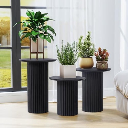 Bifins Black Round Nesting Coffee Table Set of 3 | Coffee and End Table Set,Fluted,Nesting Side Table,Drink Table,End Table,Plant Stand,Mid Century Modern,Nested - color: Black