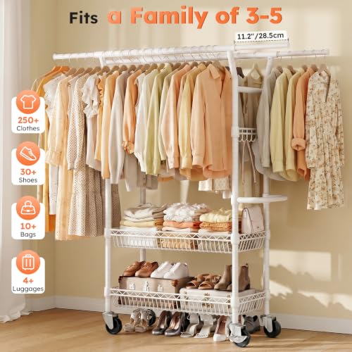 SOLEDI Heavy-Duty Clothes Rack, 1000 LBS clothing rack with wheels Load Capacity Double Rod Clothing Rack with Shelves & Lockable Wheels, Suitable for Bedroom, Entryway, Living Room & Garage (white) - color: White