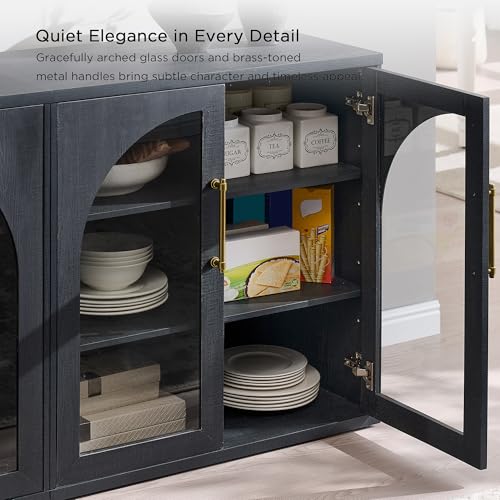 Glass Arched Door Sideboard Buffet Cabinet Set of 2, Black | Modular, Multi-Compartment Storage, Adjustable Shelf, Soft Close Hinges, Freestanding, for Dining Room, Living Room - color: Black