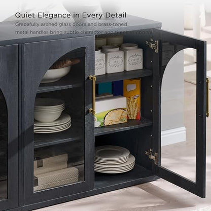 Glass Arched Door Sideboard Buffet Cabinet Set of 2, Black | Modular, Multi-Compartment Storage, Adjustable Shelf, Soft Close Hinges, Freestanding, for Dining Room, Living Room - color: Black