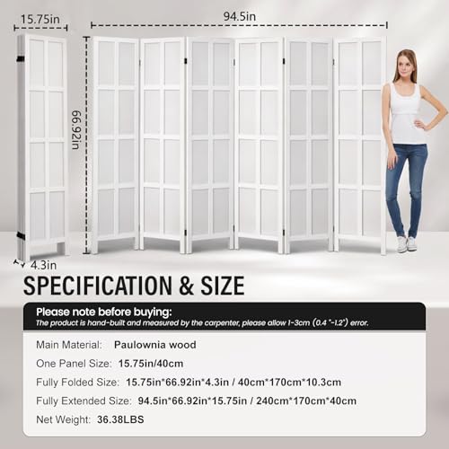 6 Panel Wood Room Divider and Folding Privacy Screen 67″, White | Solid Paulownia Wood Room Partition with 360° Hinges, Freestanding Wall Divider for Room Separation, Home, Bedroom, Office - color: 6 Panels White, size: 6 Panels