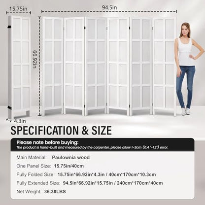 6 Panel Wood Room Divider and Folding Privacy Screen 67″, White | Solid Paulownia Wood Room Partition with 360° Hinges, Freestanding Wall Divider for Room Separation, Home, Bedroom, Office - color: 6 Panels White, size: 6 Panels