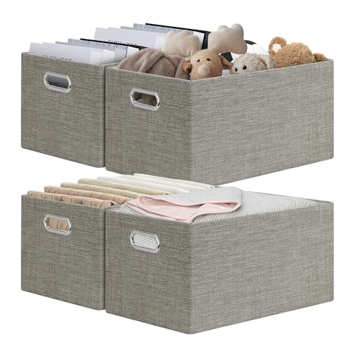 Posprica Closet Storage Bins, 4 Pack Closet Shelf Organizers, Linen Fabric Decorative Storage Baskets for Organizing, Foldable Storage Box for Clothes, 15x10.5x8.25 Inch-Coffee - color: Coffee, size: 15Lx10.5Wx8.25H
