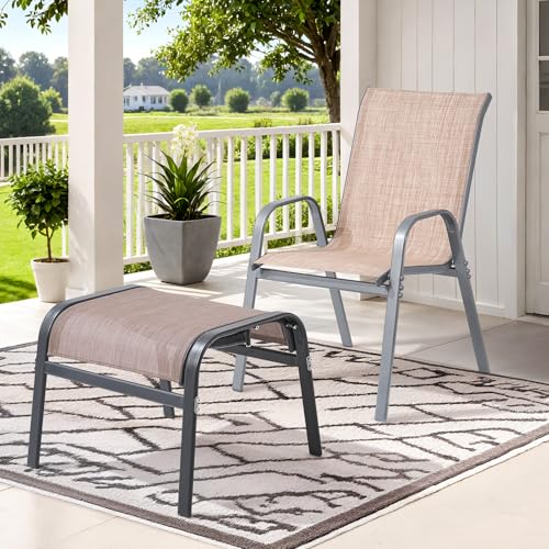 Outdoor Ottoman Set of 2, Oversized Outdoor Foot Rest, Brown | Stackable, All Weather Outdoor Foot Stool, Supportive Textliene, Metal Frame, Patio Garden Pool Furniture - color: Brown