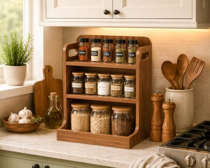 Solid Wood 3-Tier Spice Rack Countertop Organizer Kitchen Storage Shelf | Sturdy wood desktop shelf for spices, coffee bars & bathroom vanities. Features portable handles & full back stability.
