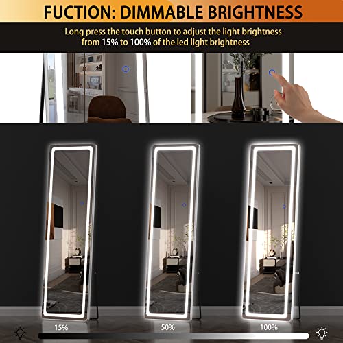 Hasipu Full Length Mirror with Lights, 56" x 16" LED Floor Mirror, Full Body Dressing Standing Mirror, Hanging Mounted Mirror for Living Room Bedroom Cloakroom, Round White