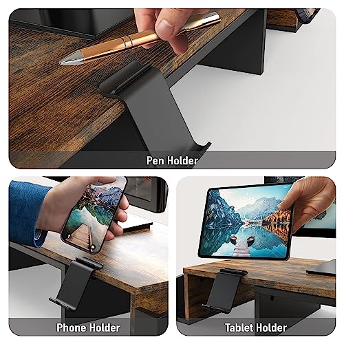Simple Houseware Desk Dual Monitor Stand Riser with Drawer, Rustic Brown | Customizable Organizer Tray, Built-In Phone & Tablet Slot and Side Storage - color: Rustic Brown