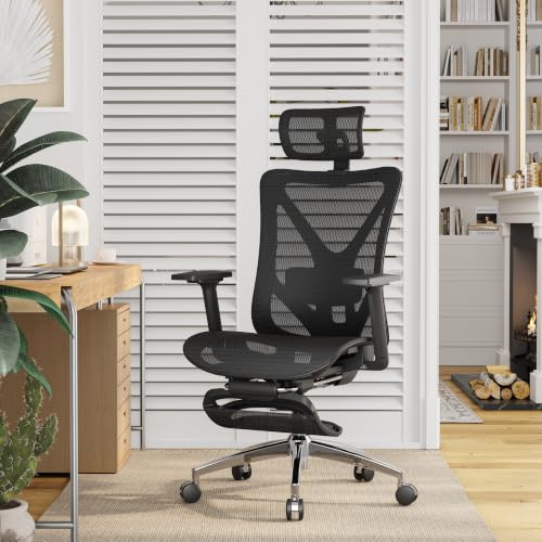 Ergonomic Office Chair with Footrest, 135° Reclining Desk Chair with Adjustable Lumbar Support,3D Armrest,Headrest & Large Steel Base, 300LBS Heavy Duty Mesh Chair - color: Onyx Black, size: 20.6X19.1X42.7~48.8 Inches