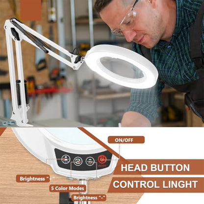 LANCOSC 15X Magnifying Glass with Light and Stand, 3-in-1 Adjustable Swing Floor Lamp, 5 Color Modes Stepless Dimmable, LED Lighted Hands Free Magnifier & Clamp for Reading, Crafts, Painting - White - color: White