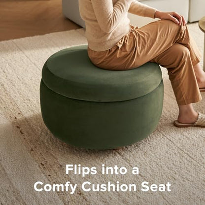 mopio Luna Round Ottoman with Storage and Tray, Round Coffee Table with Storage, Upholstered Foot Stools Ottoman for Living Room, Bedroom, with Solid Rubberwood Legs (Olive Green Premium Velvet) - color: Green Velvet, Round