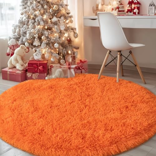 4ft Round Fluffy Rug for Bedroom Orange, Washable Non-Slip | Soft Shag Orange Circle Rug for Kids Room Dorm Living Room Home Decor, Thick Memory Sponge, Flame Resistant - color: Orange, size: 4' (Round)