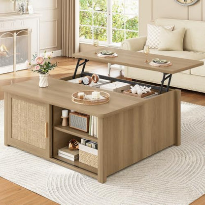 SEDETA 31.5" Lift Top Coffee Table with Storage, Square Coffee Tables for Living Room, Farmhouse Coffee Table with Large Hidden Storage Compartment and Adjustable Shelves, Rattan Oak - color: Rattan Oak
