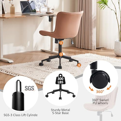 YOUTASTE Pink Modern Office Chair, Faux Leather Armless Desk Chair with Wheels, Height Adjustable, Swivel, Rocking, 300 lbs Capacity, Metal Base, for Home Office Vanity - color: Nude Pink