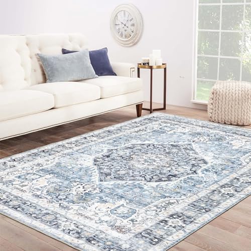 Area Rug 6×9, Large Vintage Boho Rug,Ultra-Soft Low Pile, Washable, Non Slip,Stain Resistant, Printed Carpet for Living Room Bedrooms Playroom Office Kitchen, Light Blue - color: Light Blue, size: 6' x 9' (Rectangular)