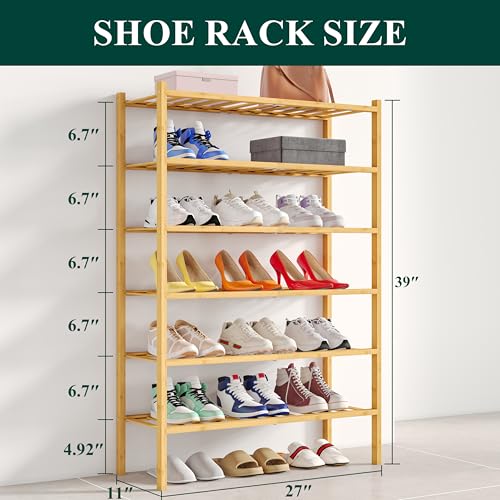 Smiry Bamboo Shoe Rack, 12 Vertical Slats, 6 Tier - 26.8" Wide, Natural | Stackable Free Standing Wooden Shoe Organizer, Wood Shoe Storage Shelf for Closet, Entryway - color: Natural, size: 26.80" Wide - 6 Tier - Regular