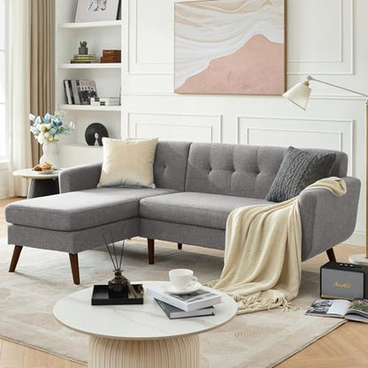 Tbfit L Shaped Couch Sofa, 80" W Mid-Century Modern Sectional Couches, 3 Seater Sofas with Wide Chaise Lounge, Button Tufted Upholstered Sectional Sofa for Living Room, Bedroom, Gray - color: Grey, size: 80" L-shape