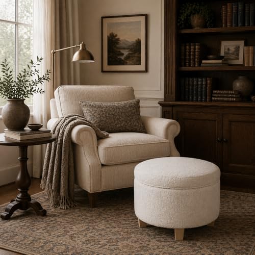 HomePop 24" Large Round Storage Ottoman - Cream Boucle - color: Cream Boucle