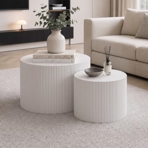 Nesting Round Coffee Table Set of 2 White No Assembly | Nesting Drum Tables, Modern End Table with Vertical Fluted Design Coffee Tables for Living Room, Office, Bedroom - color: White