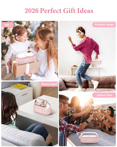 Bluetooth Speaker Alarm Clock & Wireless Charger for Bedside, Home, Office | FM Radio, Adjustable LED Night Light, 6 in 1 Bedroom Portable Speaker 2500mAh, Phone Stand - color: Pink
