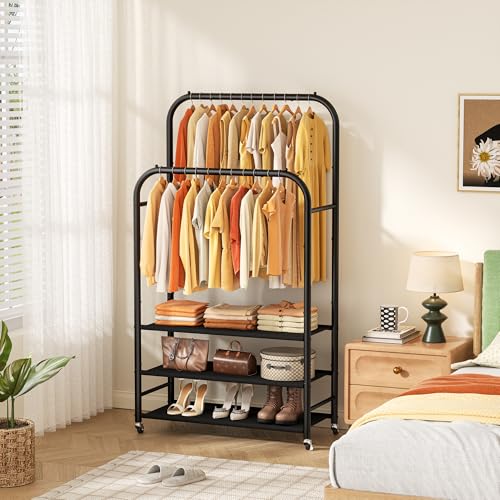HOMIDEC Clothes Rack,Double Rods Clothing Rack with 3 Tier Shelve&Wheels | Metal Garment Rack Multifunctional Closet Organizers and Storage System for Bedroom,Wardrobe Closet,Shop,Black - color: Gloss Black