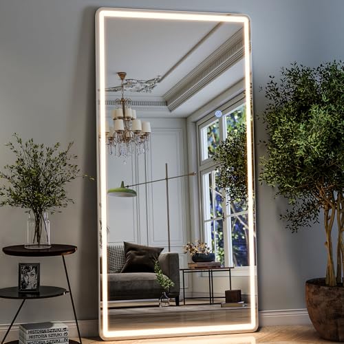 34x76 inch Full Length Mirror with Lights, LED Full Body Mirrors | Stepless Dimmable 3 Color Lighting Floor Standing/Hanging/Leaning/Wall Mounted Vanity Mirror for Bedroom Cloakroom (Rect) - color: Rectangle, size: 76"L x 34"W