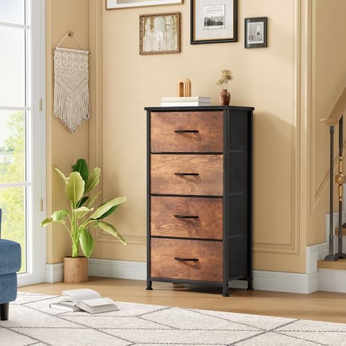 DWVO Dresser with 4 Drawers - Fabric Storage Tower | Organizer Unit for Bedroom, Living Room, Hallway, Closets - color: Rustic Brown, style: 4-Drawer