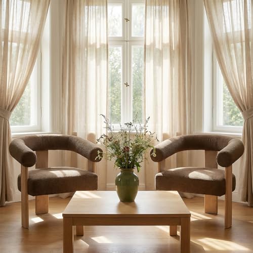 VKNOW Barrel Accent Chair, Vanity Chair with Armrests and Rubberwood Legs | Mid Century Modern Upholstered Living Room Chairs with Open Back, Chenille Fabric, arm chair for Living Room, Bedroom, Brown - color: Brown, size: Set of 1