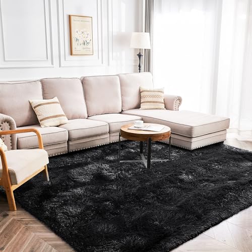 Awaytail Fluffy Rug Lightweight 6x9, Black Cool Rugs for Bedroom Aesthetic | Fuzzy Shaggy Carpets for Bedroom, Modern Non-Slip Indoor Soft Plush Furry Rug for Boy Girls Room Dorm Home Decor Aesthetic - color: Black, size: 6' x 9' (Rectangular)