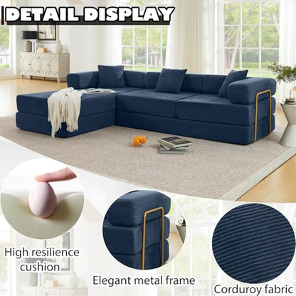 HANXIN 108 Inch Convertible Sleeper Sofa Bed, Folding Floor Mattress Couch with Fixed-Shape Frame, Futon Boneless Couch Lounge Loveseat with Pull Out Bed, No Assembly Required (Blue) - color: Blue, size: 108" L-Shaped Sofa Bed