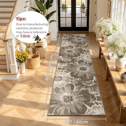 Findosom Hallway Runner Rug 2x8, Non Slip High-Low Textured Floral Washable Runner Rug with Rubber Backing, Boho Carpet Runner for Kitchen, Entryway, Bedroom, Laundry, Brown - color: Brown, size: 2' x 8'