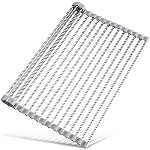 Tomorotec 17.7" x 15.5" Roll Up Dish Drying Rack Over Sink Drying Rack Sink Cover Kitchen Sink Accessories Gadget Multipurpose Organizer Foldable Stainless Steel Drainer (Grey) | Anti-Slip Silicone Rims For Grip, Heat-Resistant Trivet Mat Holding Heavy Co