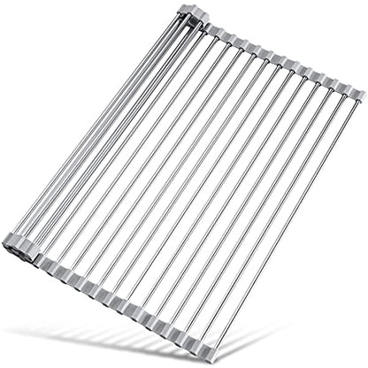 Tomorotec 17.7" x 15.5" Roll Up Dish Drying Rack Over Sink Drying Rack Sink Cover Kitchen Sink Accessories Gadget Multipurpose Organizer Foldable Stainless Steel Drainer (Grey) | Anti-Slip Silicone Rims For Grip, Heat-Resistant Trivet Mat Holding Heavy Co