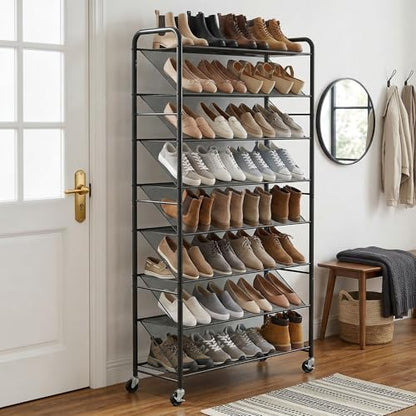 STORAGE MANIAC Tall Shoe Rack, 8 Tiers Shoe Organizer with Lockable Wheels for Entryway, Closet, Hallway, Double-Sided Vinyl Mesh Shelf Shoe Storage, Holds 60 Paris, Black