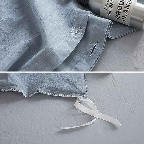BISELINA Bedding Duvet Cover Set 100% Washed Cotton Linen Like Textured Yarn Dyed Horizontal Stripes Reversible Breathable Soft Comfy Chic Bedding (King, Button Closure Blue) - color: Button Closure - Blue, size: King