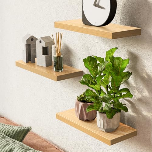 BAYKA Light Oak-Toned Floating Shelves 15.7in, Set of 3, Wall Mounted Shelf | Easy Install, 22lbs Max Load, Hidden Bracket, for Bathroom Bedroom Kitchen Storage, Hanging Shelf for Book Room Decor Display - color: G. Oak-toned - Mid-century Revival Style,