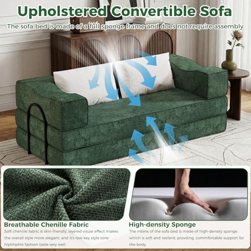 80" King Size Convertible Folding Sofa Bed, Loveseat for Small Spaces | Futon Couch with Memory Foam & 2 Pillows, Chenille Fabric, Apartment, Sleeper Sofa for Living Room, Studio (Green, 80in)