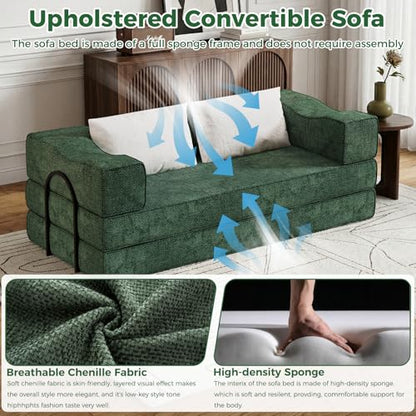 80" King Size Convertible Folding Sofa Bed, Loveseat for Small Spaces | Futon Couch with Memory Foam & 2 Pillows, Chenille Fabric, Apartment, Sleeper Sofa for Living Room, Studio (Green, 80in)