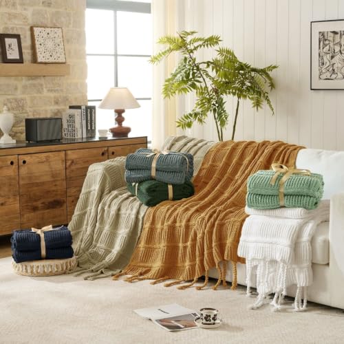 Boho Knitted Chenille Blanket with Tassels - Lightweight & Soft All-Season Throw - 3D Classic Pattern for Living Room Bedroom Couch, Amber Brown, Throw 50"x60" - color: Amber Brown, size: Throw